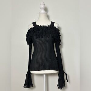 Black Off-Shoulder Long Sleeve Top with Textured Fringe